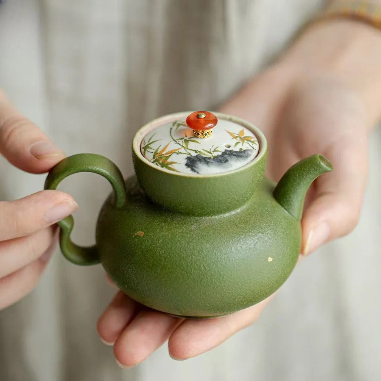 Green Orange Hand-painted Golden Bamboo Antique Ceramic Teapot KungFu Teaset Household Ball Hole Filter Hand-held Brewing Teapot
