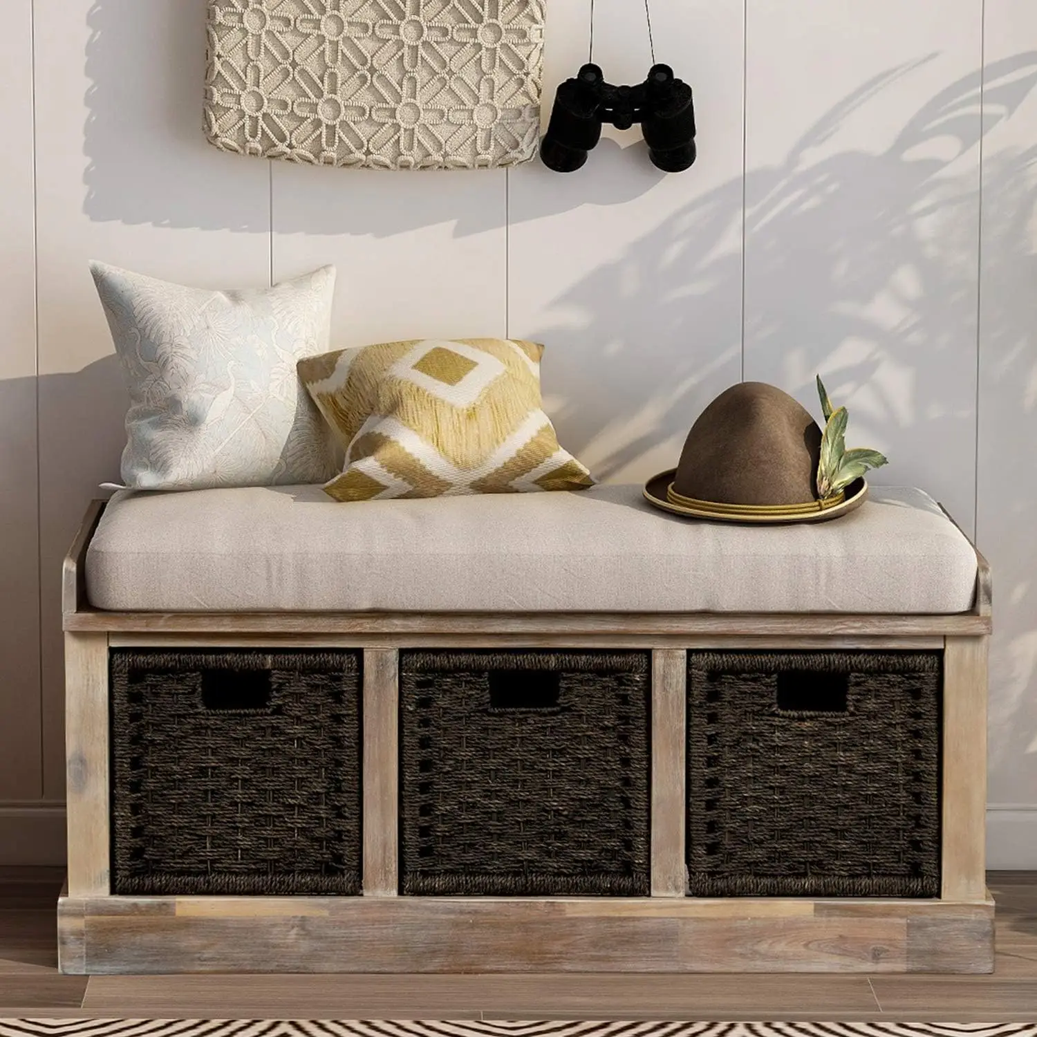 Harper&Bright Designs Rustic Storage Bench 3 Removable Baskets, Shoe Bench Removable Cushion (White)