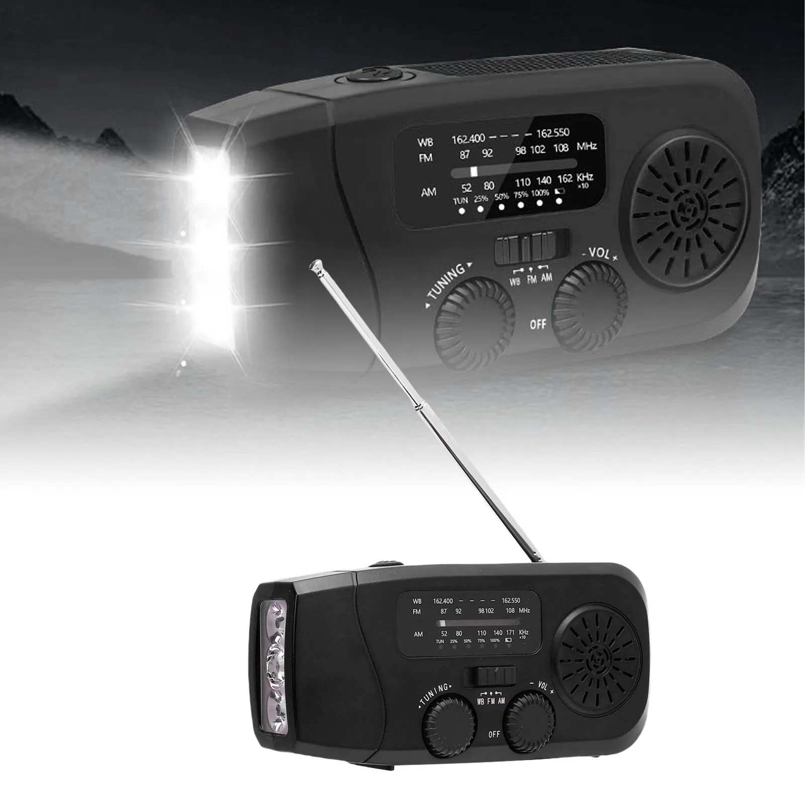 Solar Hand Crank Radio 2000mAh Battery AM FM WB Emergency Weather Radio with LED Flashlight for Outdoor Camping Hiking