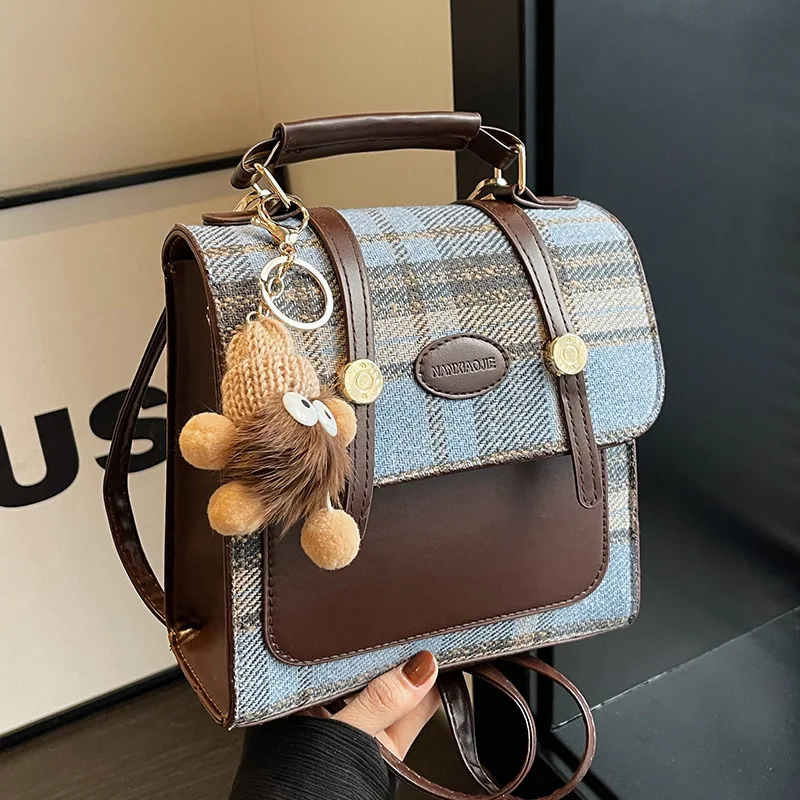 Girls Vintage Hundred Handbag English Style Ladies Casual Plaid Small Backpack with Good Guy Pendant Decoration