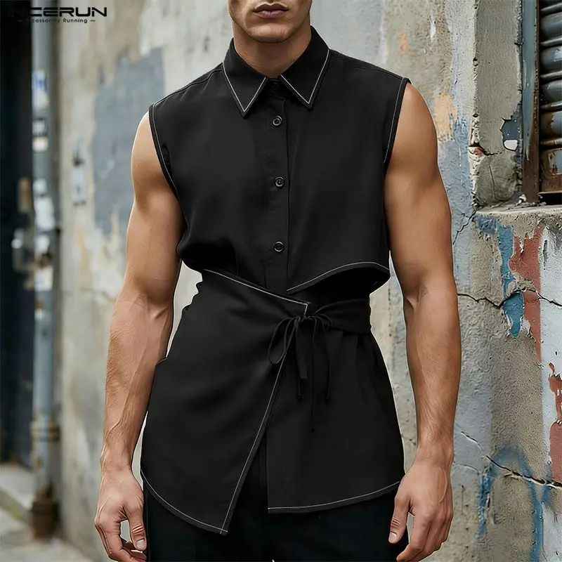 

INCERUN Men's Irregular Shirt Solid Lapel Sleeveless Men Clothes Lace Up Streetwear 2026 Stylish Casual Tops Camisa Masculina