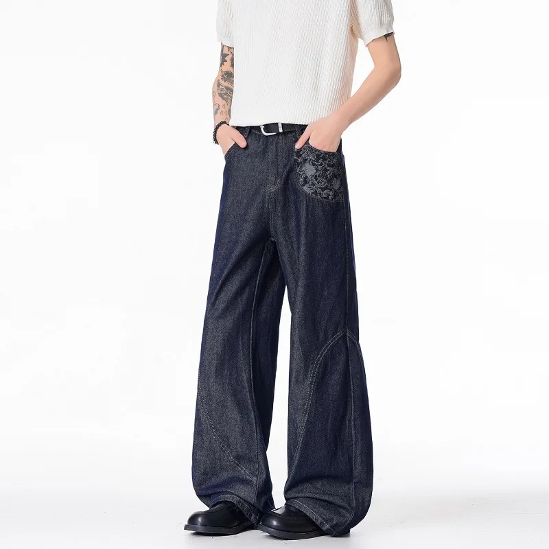 

Men High Street Paisley Patchwork Jeans Loose Wide Leg Baggy Vintage Dark Wash Streetwear Casual Pants