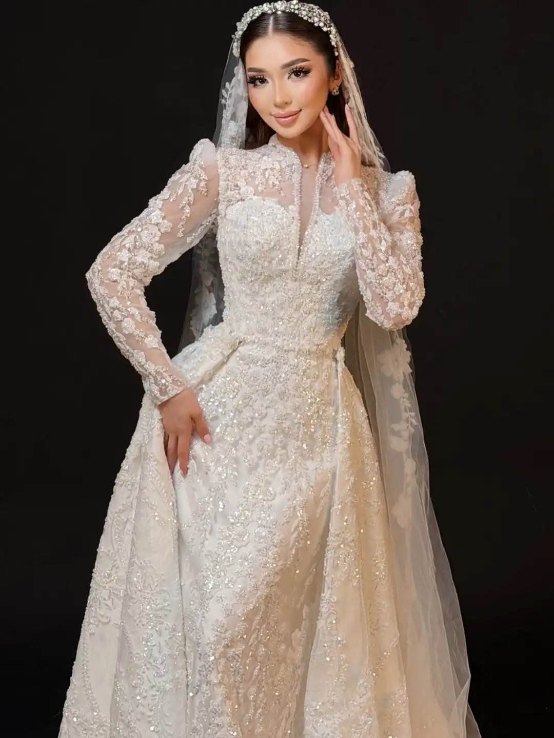Customized Muslim 2-in-1 Detachable Train Mermaid Wedding Dress Luxury Long Sleeve Lace Beaded Bridal Gown Amanda Novias Officia