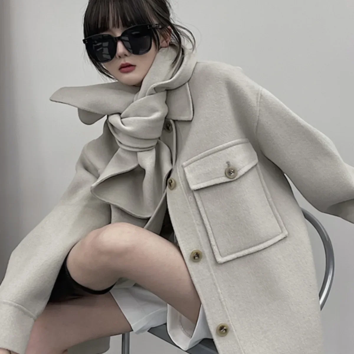 Double-sided cashmere coat women's medium and long  new autumn and winter Korean version loose temperament Hepburn