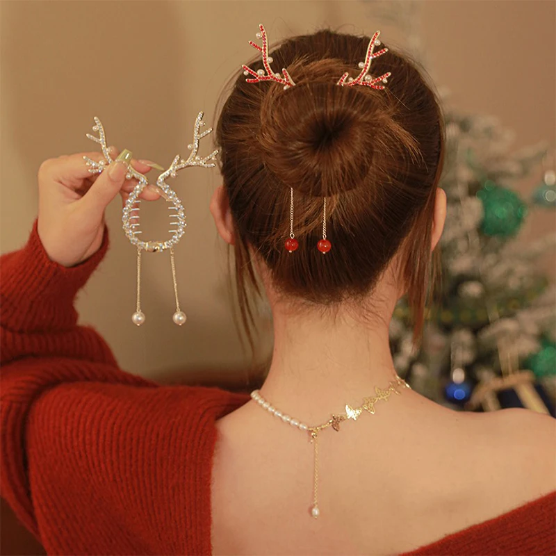 

Christmas Elk Antlers New Year Hair Clips For Girls Elf Antlers Tassel Ponytail Buckle Hair Clips Gold Fashion Hair Accessories