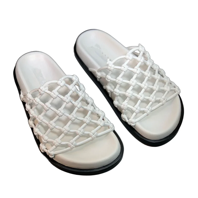 

Withered Minimalist Genuine Leather Woven Slippers Shoes Women French Elegant Flat Shoes Vacation Fisherman Slippers Sandals