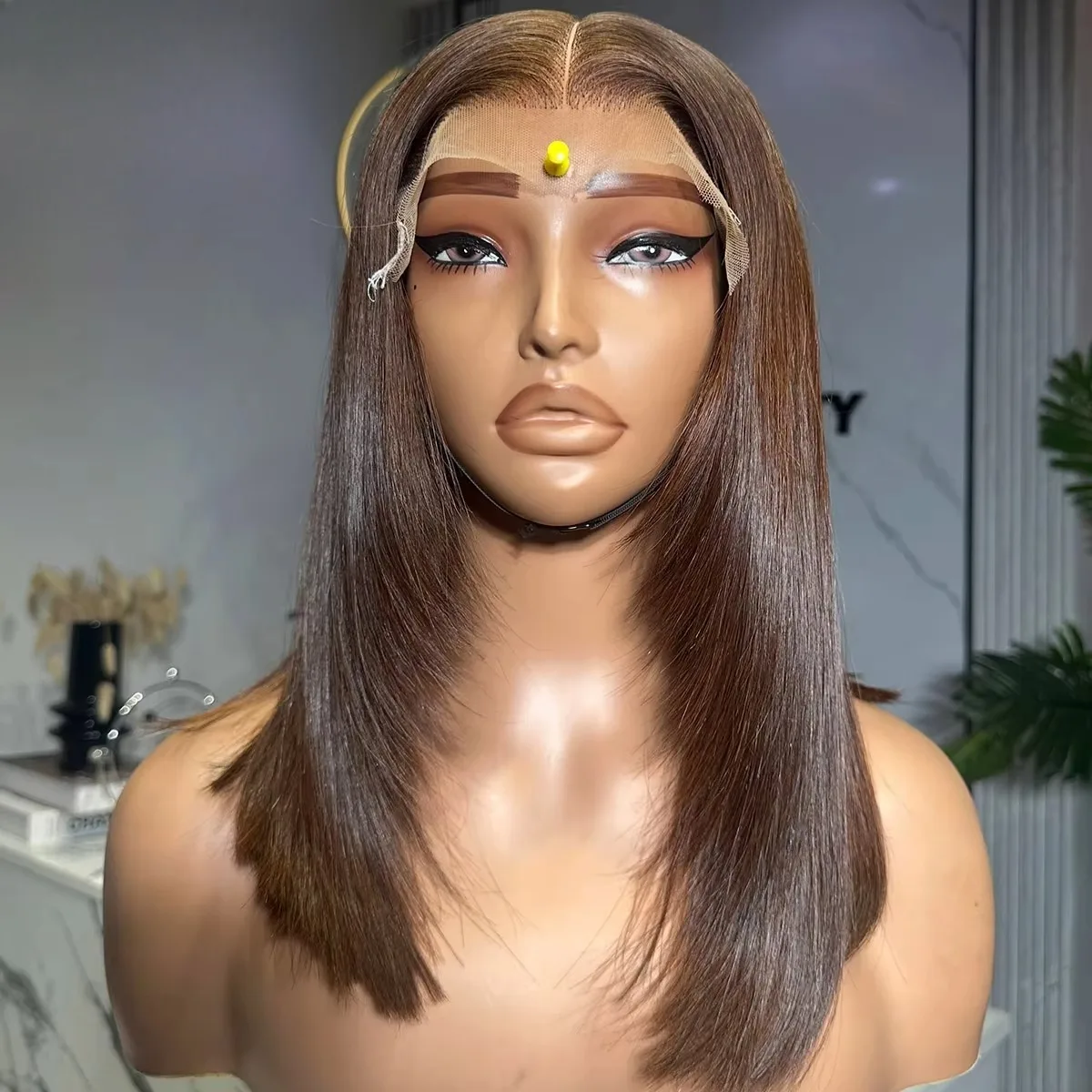 13X4 Brown Straight Lace Front Wigs HD Layered Cut Lace Frontal Wig Synthetic Pre Plucked Glueless Natural Looking For Women Use