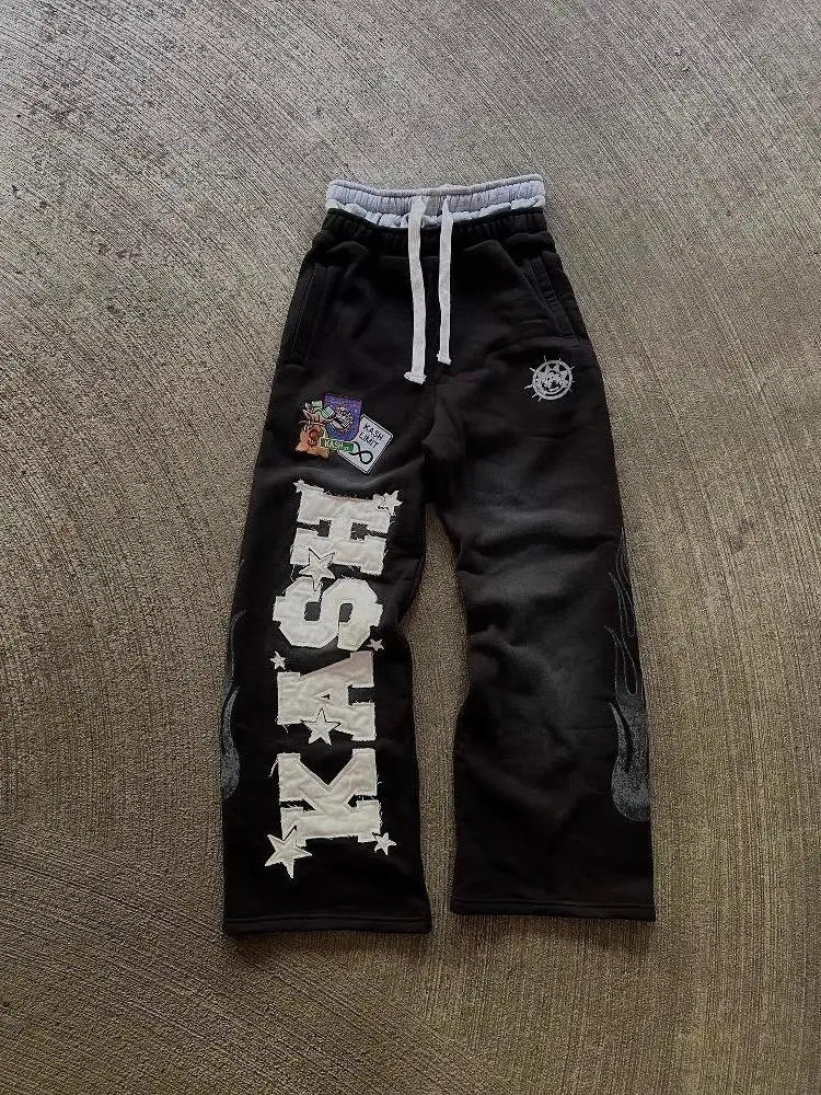 

Y2K Millennium Gothic k Pattern Letter Patch Мужские уличные спортивные брюки Punk Sle Long Sve круглые Ne на молнии свободного покроя