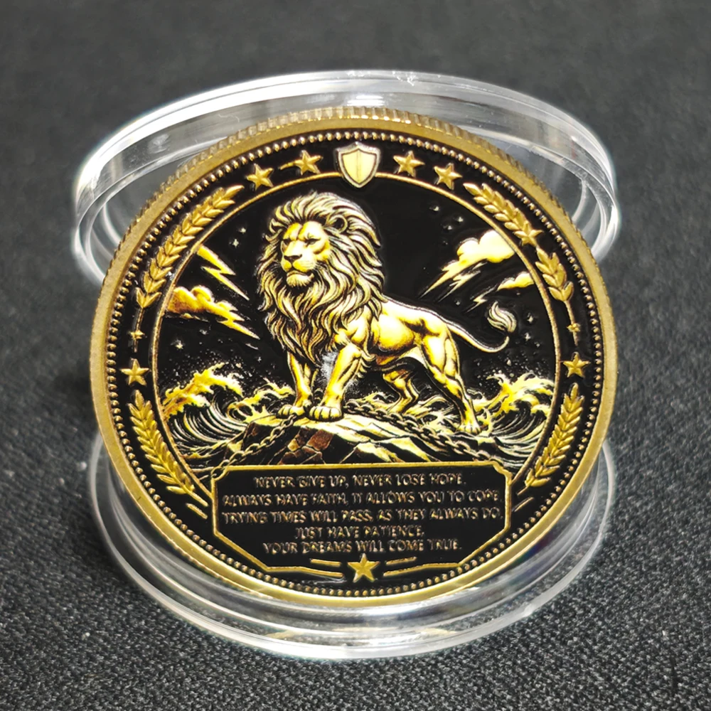 Hot Black Gold Lion Motivational Medal Badge Inspirational Challenge Collectible Ornament Stay Strong Faith Quote Keepsake Gift