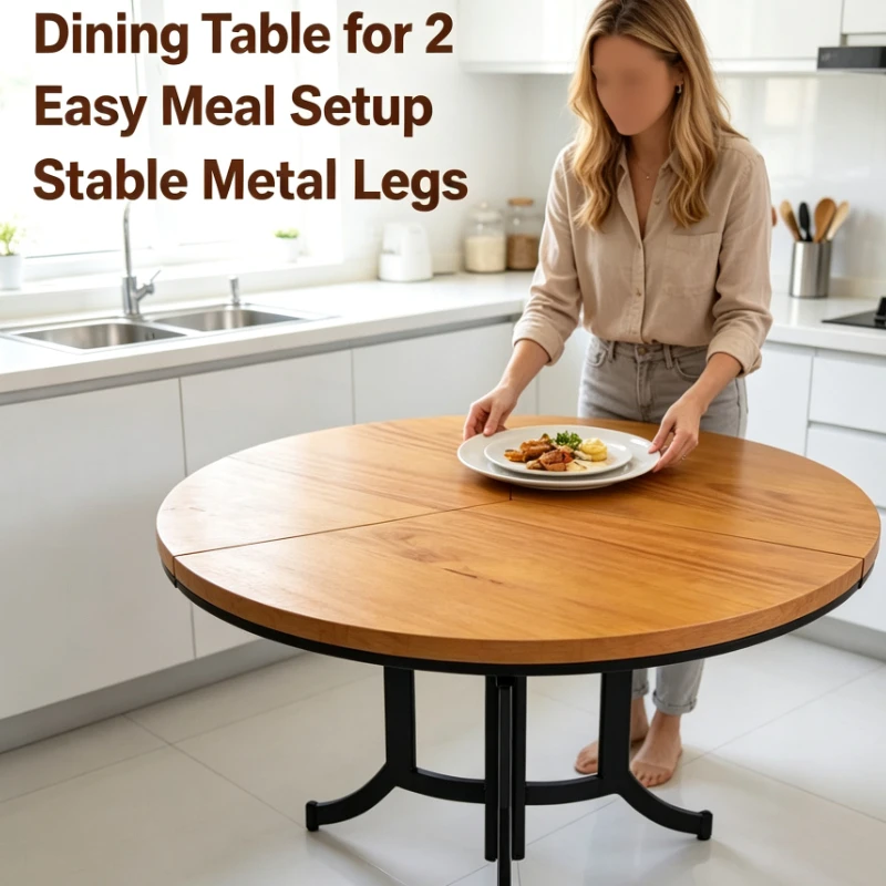 Foldable Round Dining Table With Wooden Top And Metal Base For Living Room Space Saving Furniture Home Utility Equipment Gear