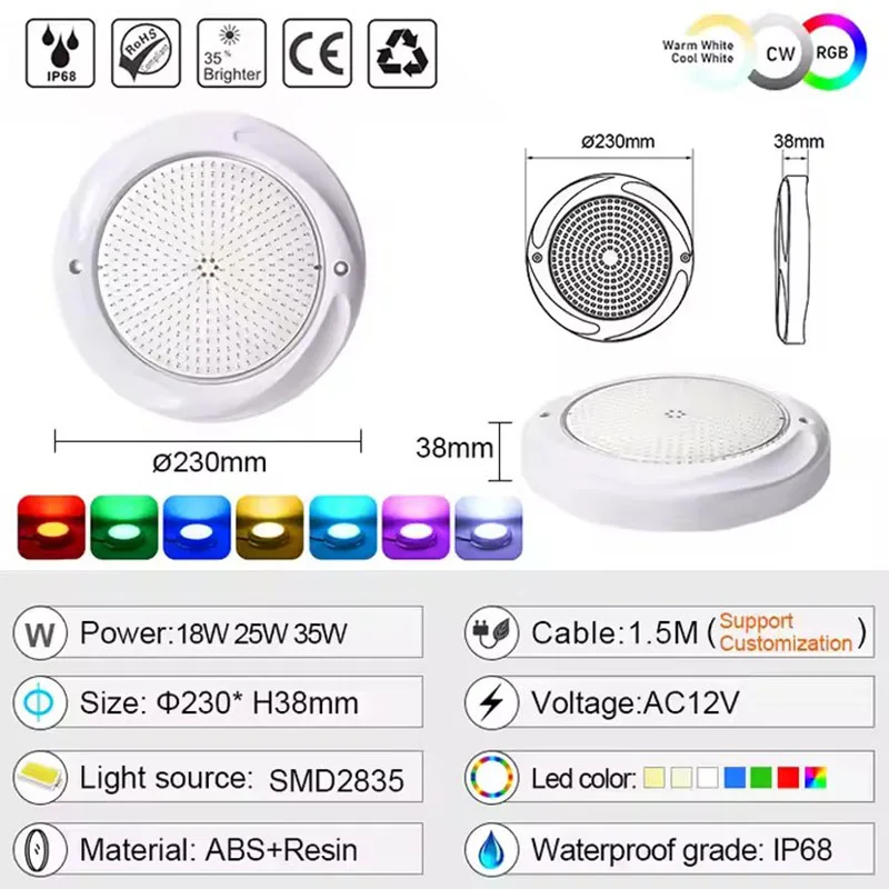 12V Rgb Color Changing 35W Waterproof Ip68 Led Pond Bulb Lamp Wall Mounted Remote Control Swimming Pool Light