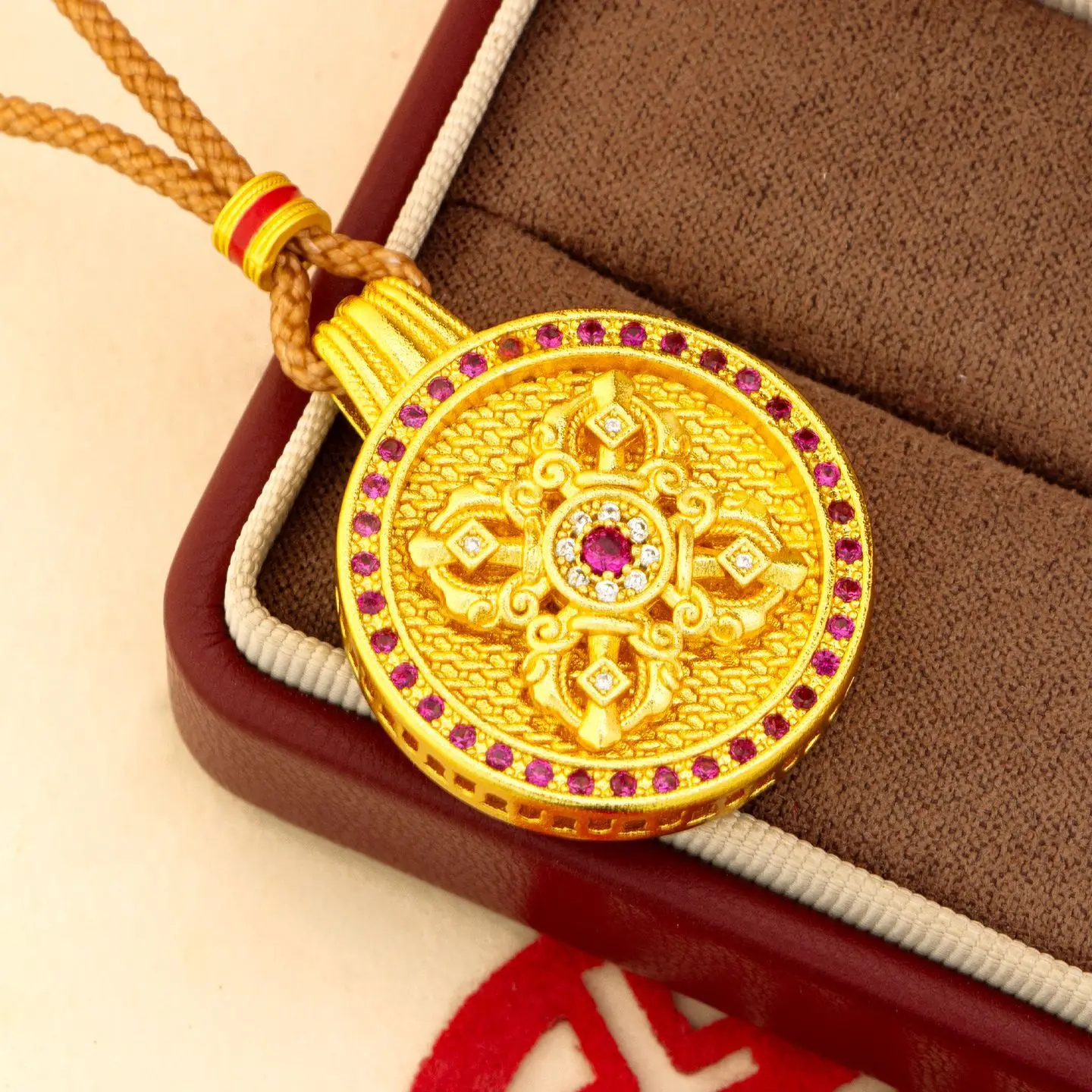 Luxurious 9999 24K real gold rotatable red stone vajra compass necklace high-end retro female pendant