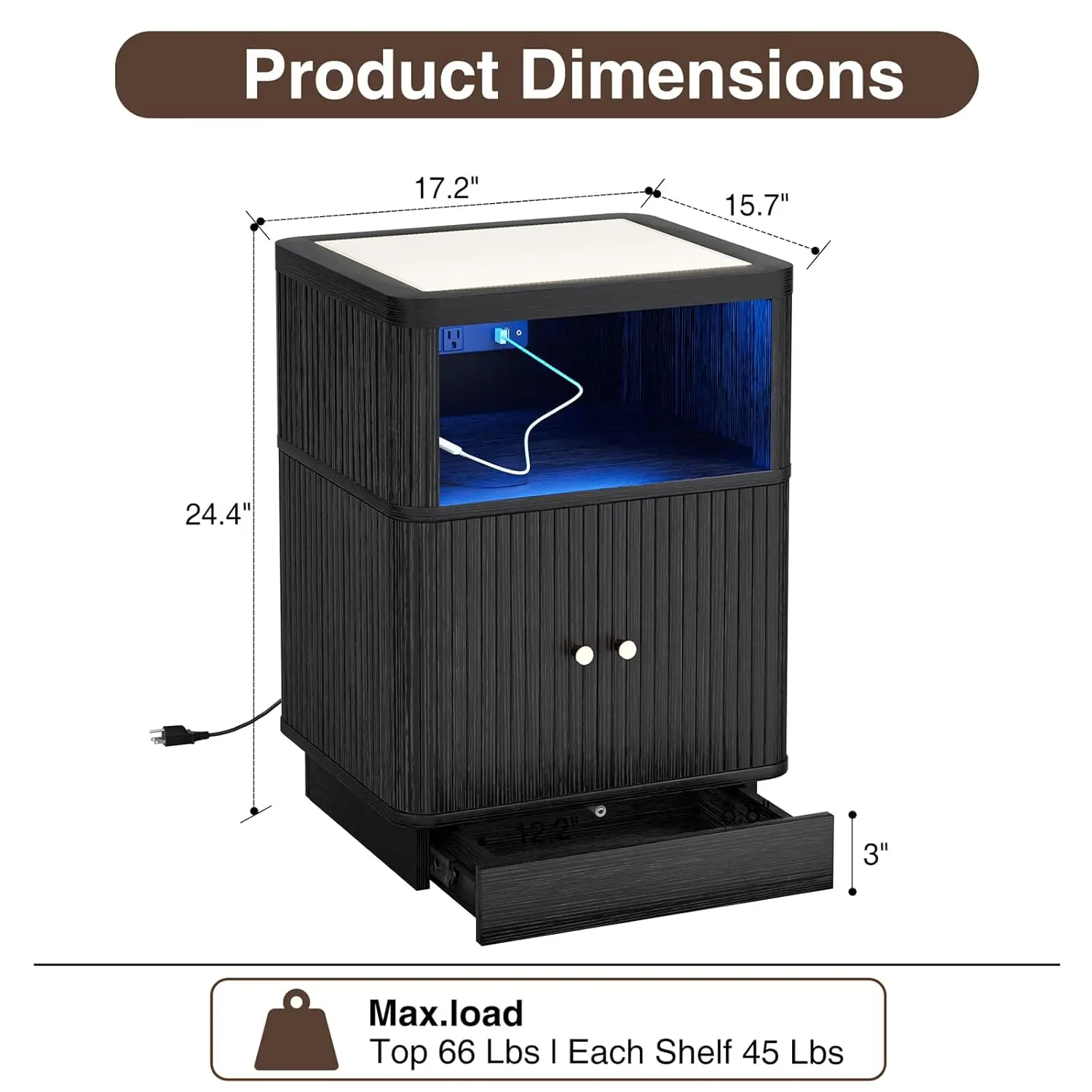 Night Stand With Charger Station, Modern Nightstand Set Of 2 With Hidden Drawer, Saddle Leather Top, Smart LED, And, Customized - view 3