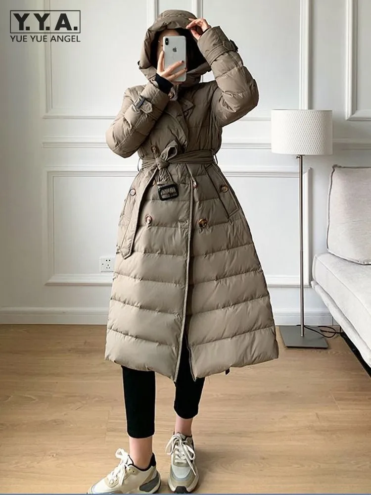 Women Winter Windbreaker Long Down Jacket Double Breasted Belted Hooded Overcoat Vintage Office Ladies Thick Warm 90% Down Coats