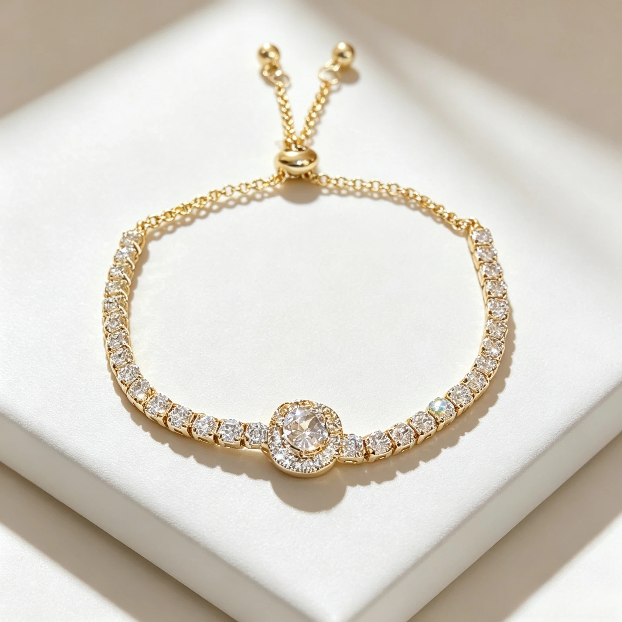 Gold Tone Halo Oval CZ Tennis Bracelet Adjustable Bolo Slider Pull Chain Crystal Bracelet For Women Wedding Jewelry