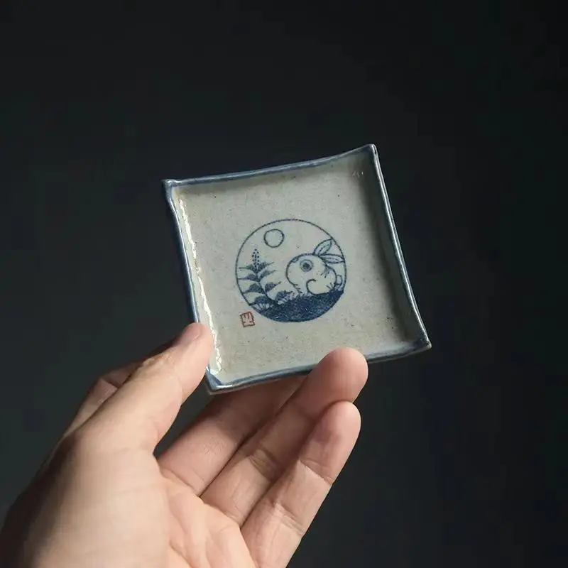 

Handmade Ceramic Tea Coaster Square Cup Holder Blue White Porcelain Kung Fu Tea Set Zen Style