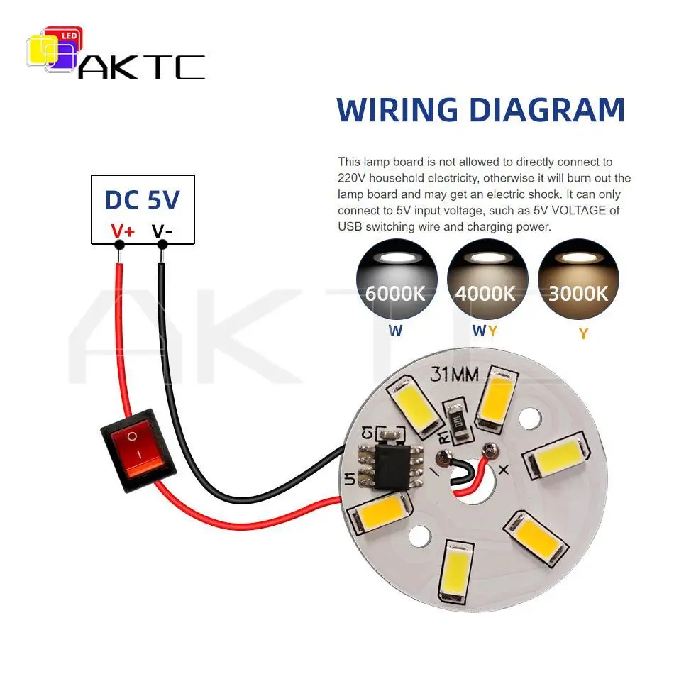 5 Pcs LED Round Light Board On/Off Control No need Controller SMD5730 White+Warm or Red+Blue 3-Color Changing Lamp Panel 5V 3W