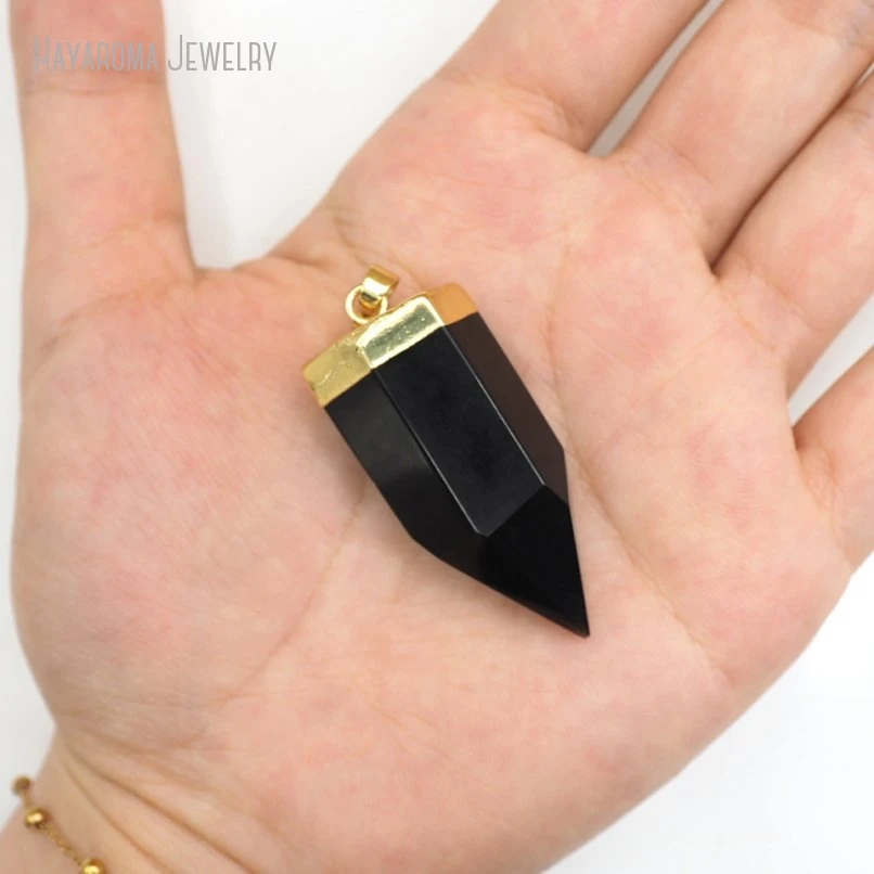 

10Pcs Wholesale Semi-precious Stone Obsidian Gold Color Crystal Pillar Hexagon Hexagonal Prisms Point Jewelry Pendant PM50864