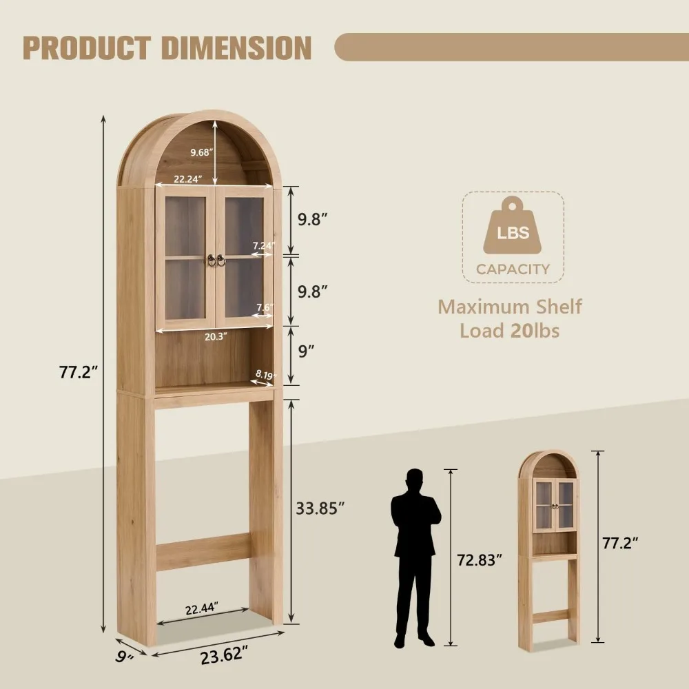 IFGET Arched Over The Toilet Storage Cabinet with Acrylic Doors, Modern Over Toilet Bathroom Organizer Shelf, Small Wooden Bathroom Storage Cabinet with Adjustable Shelf,Space Saver, Natural Oak