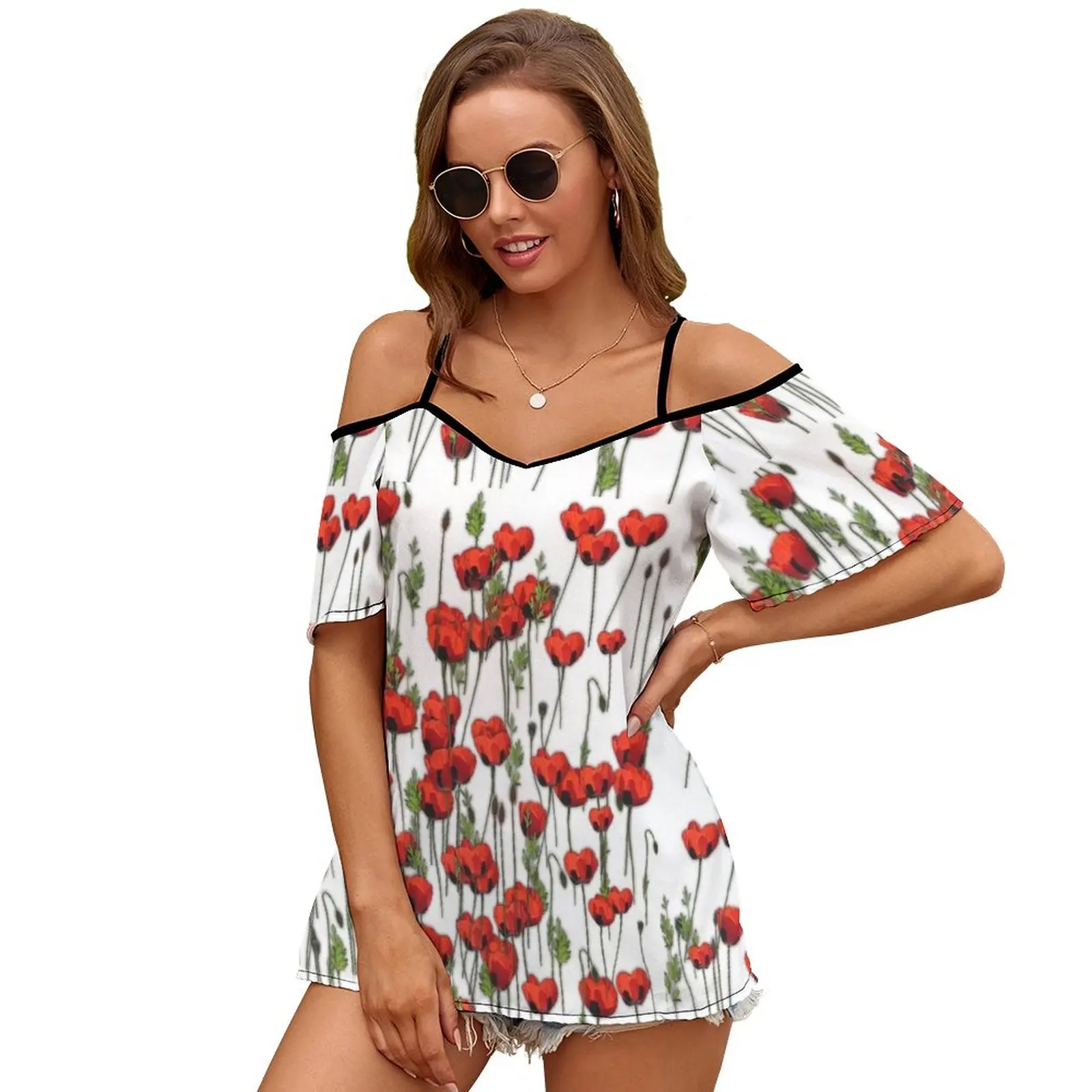 Red Poppies Women Short Sleeve Tops O-Neck Hollow Out Shoulder Strap Tees Streetwear Flowers Poppies Red Poppies Red Poppy