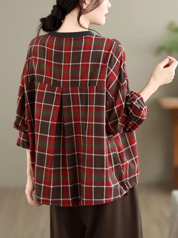 Retro Red Plaid Long Sleeve Women's Sweatshirt round Neck Single Pocket Casual Loose Fit Overhead Shirt Autumn 2026