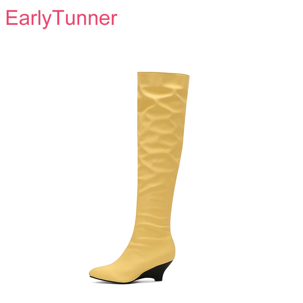 

2025 Новые зимние элегантные желтые черные женские сапоги до бедра, мягкие женские модельные туфли на высоком каблуке, большие размеры 12, 436, 48