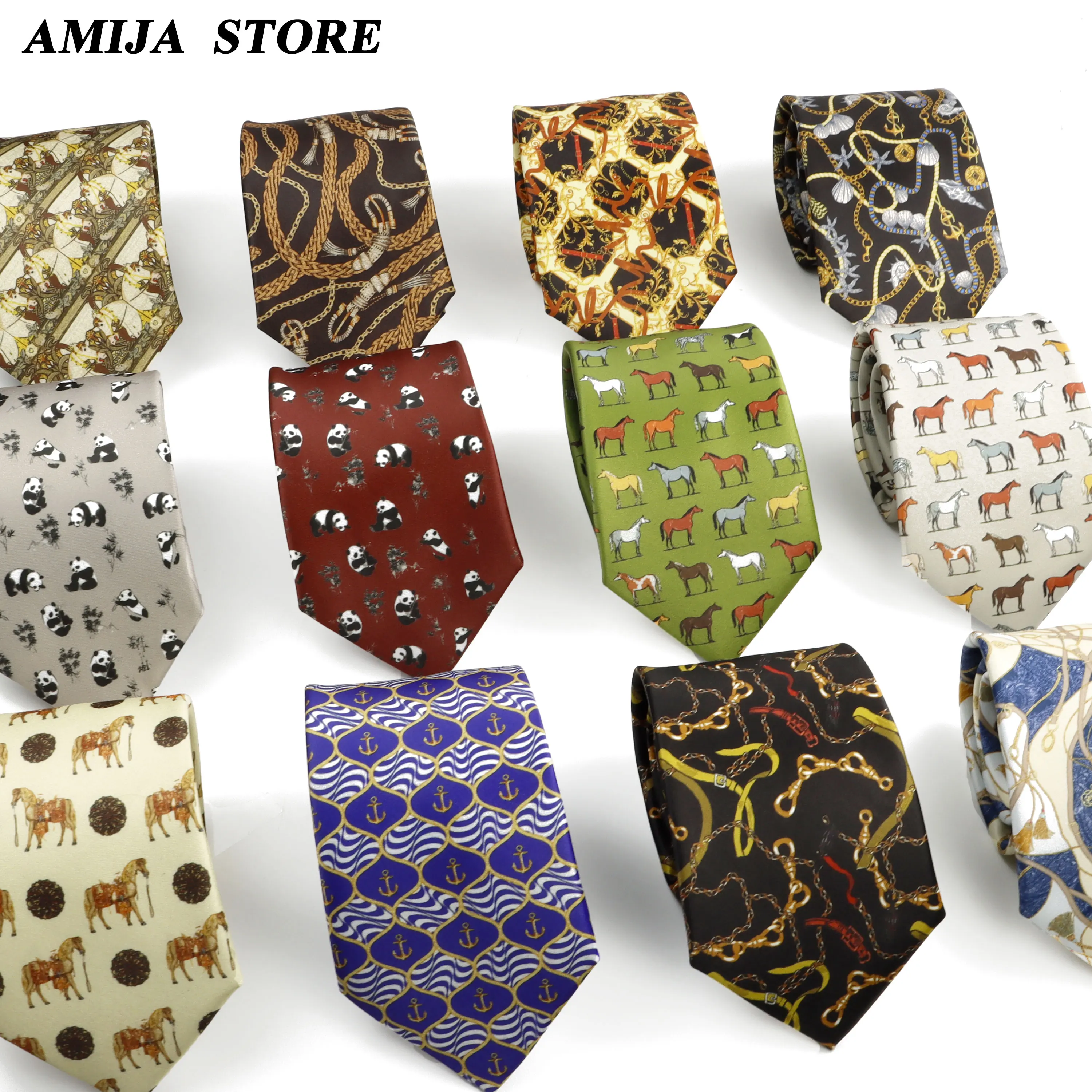 Vintage Imitation Silk Ties Men's Graffiti Necktie Panda Horse Painting Necktie For Men Wedding Business Soft Printing Tie Weddi
