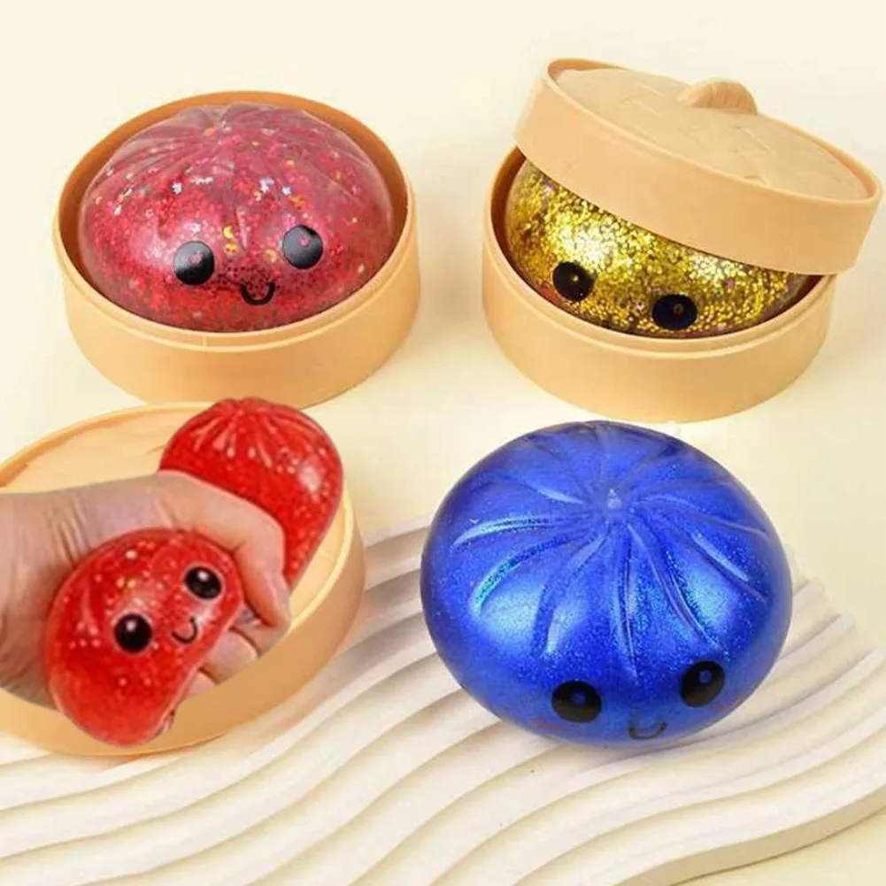 Simulation Baozi Dumpling Squishy Toy,Colorful Glitter Dumpling Slow Rising Stretchy Toy with Steamer Box,Anti-Anxiety Gift ﻿
