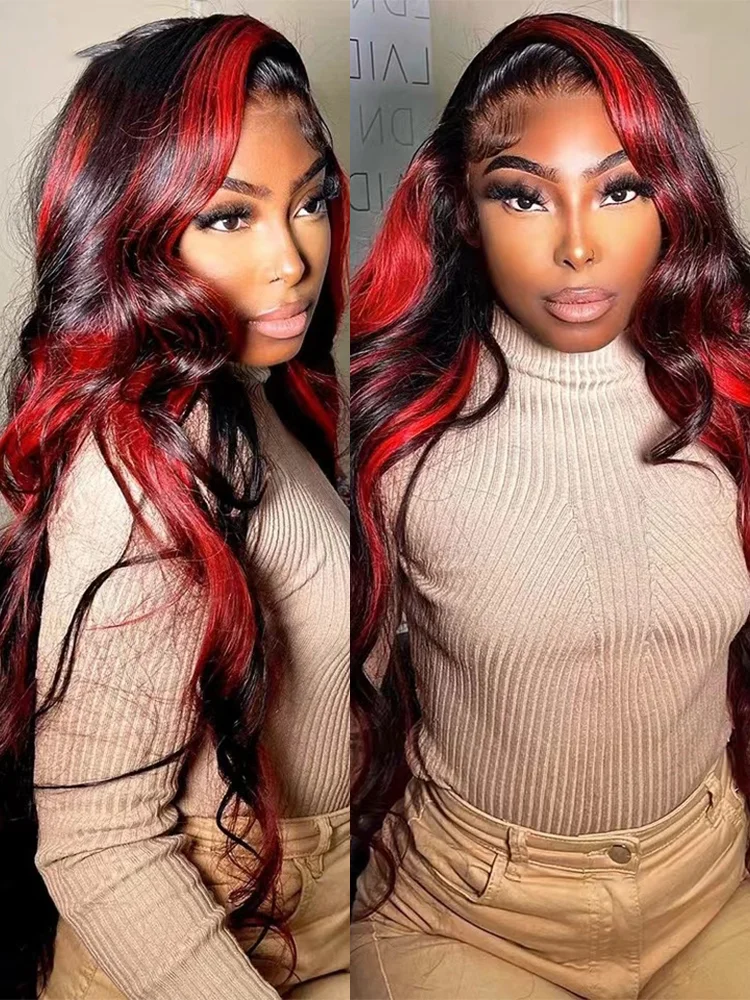 Burgundy Body Wave Lace Front Wig13X6 HD Lace Frontal Wig Red Highlight Wig Human Hair Colored Lace Closure Wigs 12-32Inch