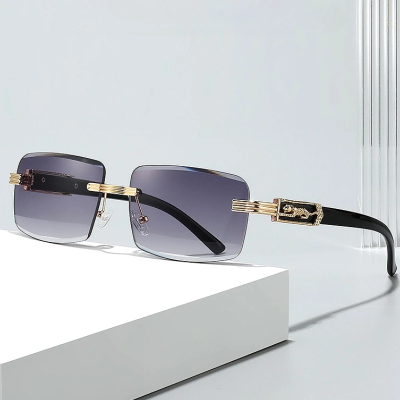 

Ретро металлические солнцезащитные очки без оправы для женщин и мужчин, квадратные безрамные украшения в виде гепарда, высококачественные солнцезащитные очки с УФ-защитой