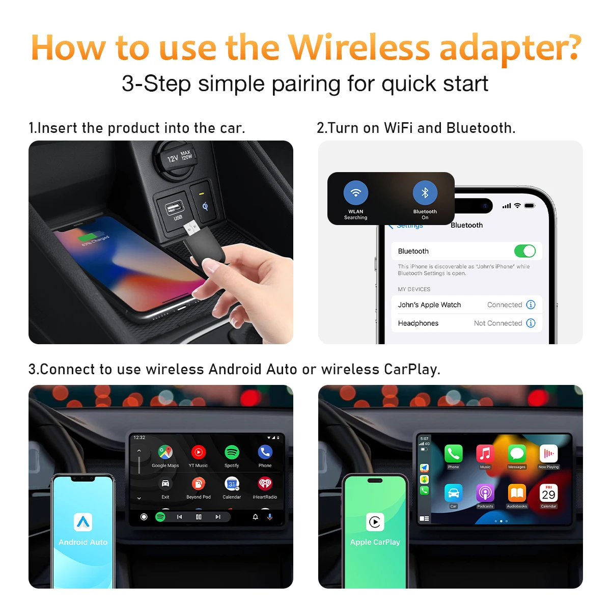 A3 2 in 1 Wireless CarPlay Adapter WIFI Android Auto Smart Mini Box Plug & Play Convert Wired to Wireless Dongle with USB Port