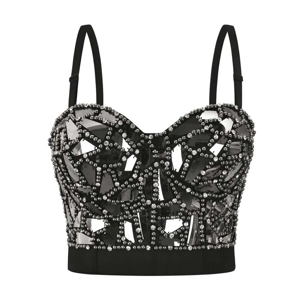 Grey Diamonds And Beaded Punk Rave Brassiere For Women Sexy Bralette Push Up Bra Top y2k Goth Brasieres Mujeres Party Club Wear