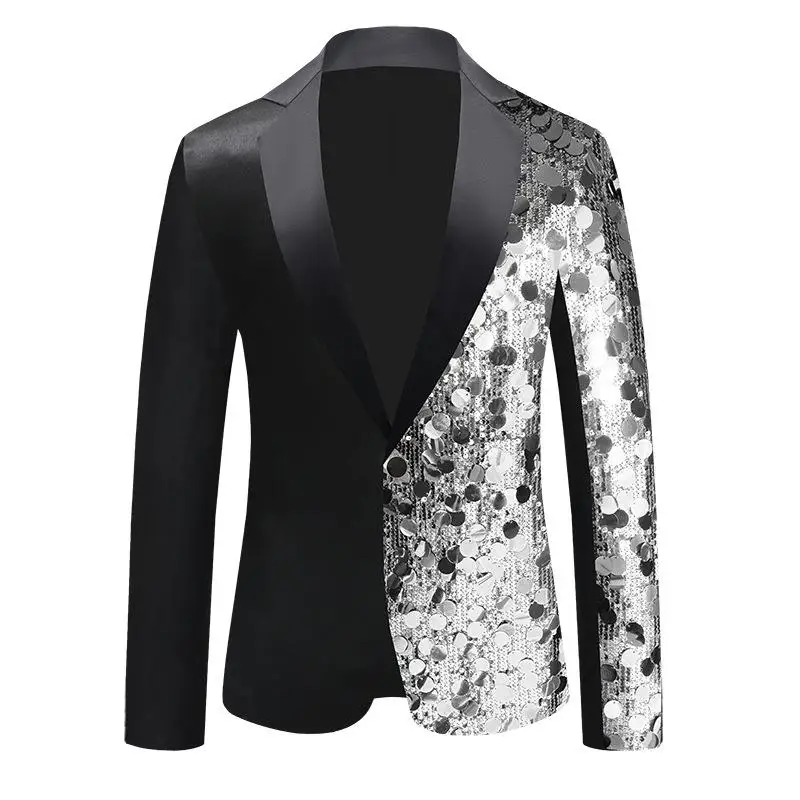 

Men's Sequin Suit Jaet Dance Dr Host Costume Bright Sparkling Outerwear Formalwear Double Slit Long Sve Tailored Fit