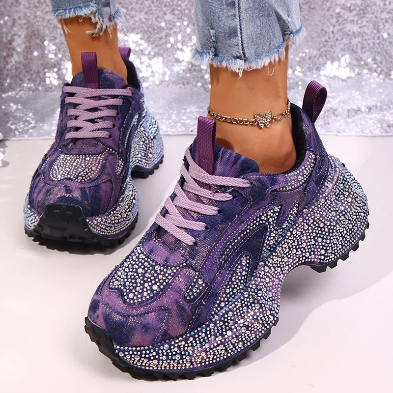 

Luxury Rhinestone Chunky Sneakers Women 2026 Fashion Denim Platform Sports Shoes Woman's Non Slip Thick Bottom Vulcanize Shoes