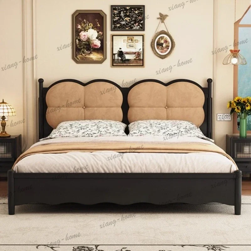 FG Solid Wood Frame Black Bed Four Leaf Clover Shaped Headboard Backrest French Retro Style Furniture Bedroom Bed 2 People High-