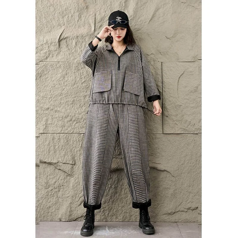 Vintage Pants Sets Long Sleeve Striped Tops and Casual Harem Pants Loose Harajuku Korean Style Two Pieces Sets Women Outfits