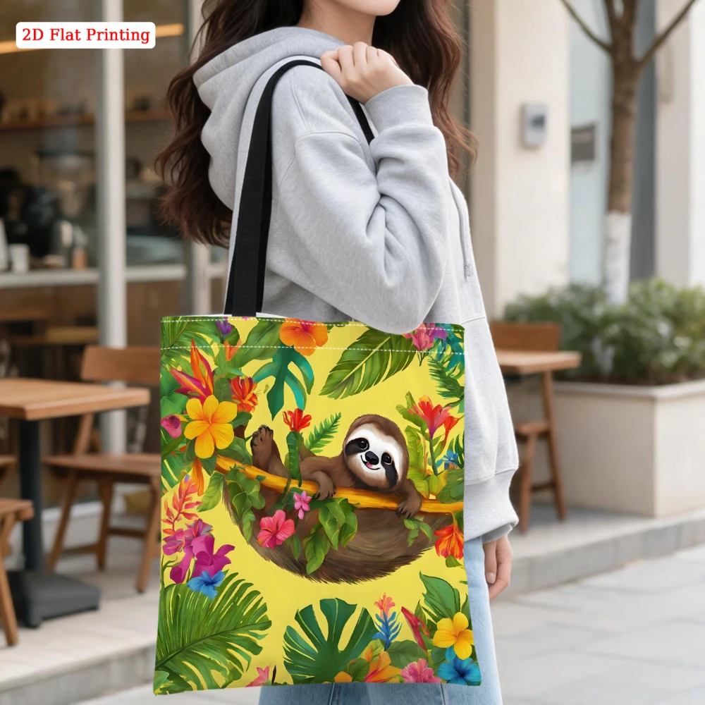 1Pc Casual Shoulder Bag Yellow Tropical Sloth And Floral Print Tote Bag For Shopping Travel Daily Use Large Capacity Storage Han