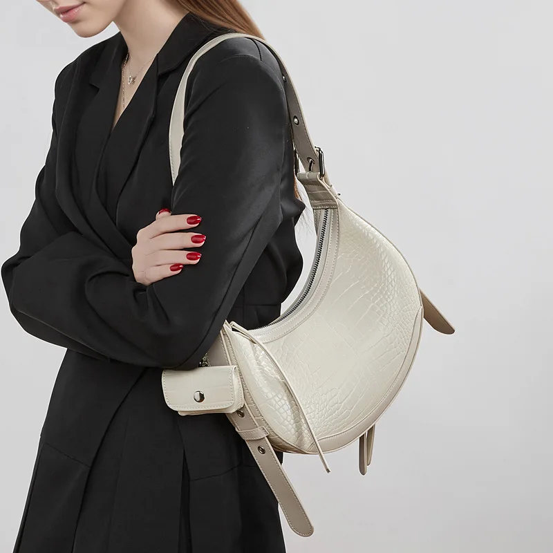Bolsos de Hombro de Piel Serraje para Mujer, Nuevo Diseño de Moda, Bolso Bandolera de Cocodrilo, Estilo Sencillo, Bolsos de Media Luna para Mujer