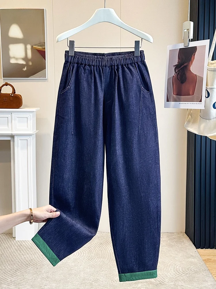 Authentic Autumnal High-Waisted Loose-Fit Large-Size Harlan Denim Women's Pants Slimming Dad Jeans Casual Cotton Blend