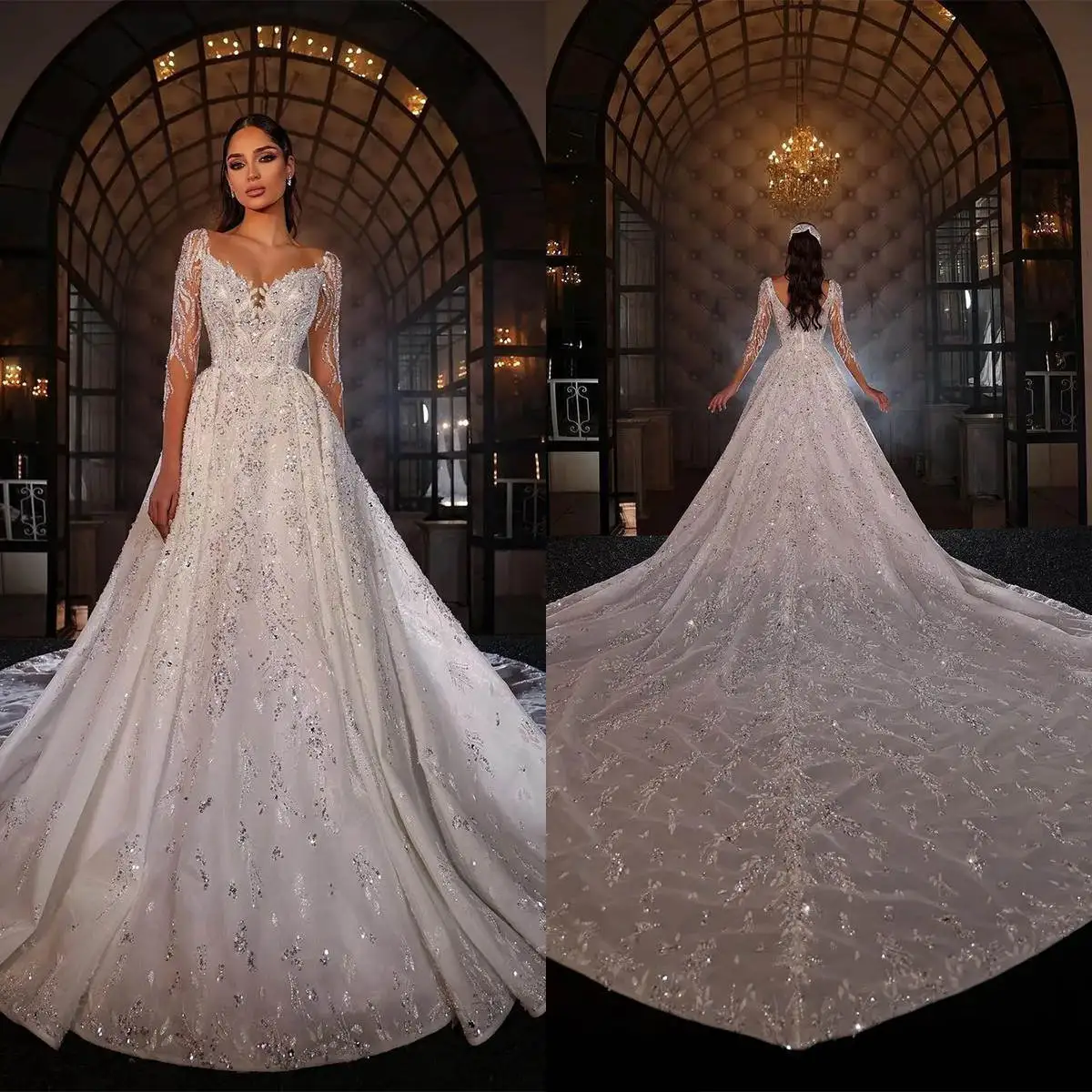 

Luxury A Line Wedding Dress Appliques Sequins Sweetheart Neck Long Sleeve Bride Gowns Sweep Train Bridal Dresses Customized