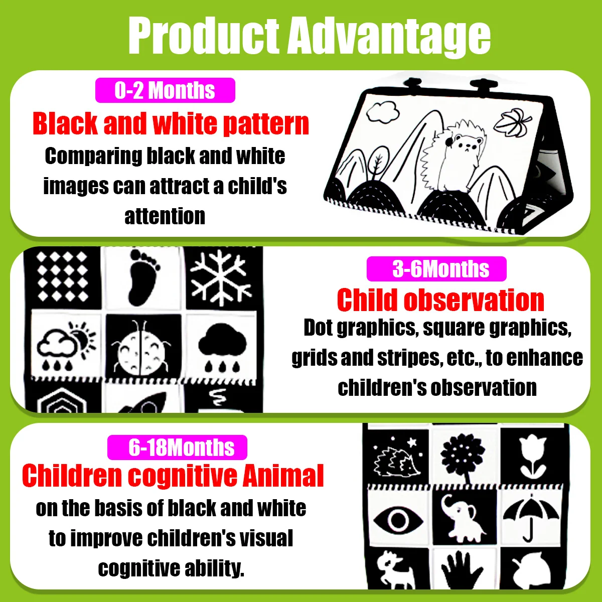 Libro in stoffa a specchio bianco e nero per bambini, giocattolo pieghevole per libri in stoffa con specchio sospeso, specchio per il tempo della pancia, specchio per il tempo prolungato