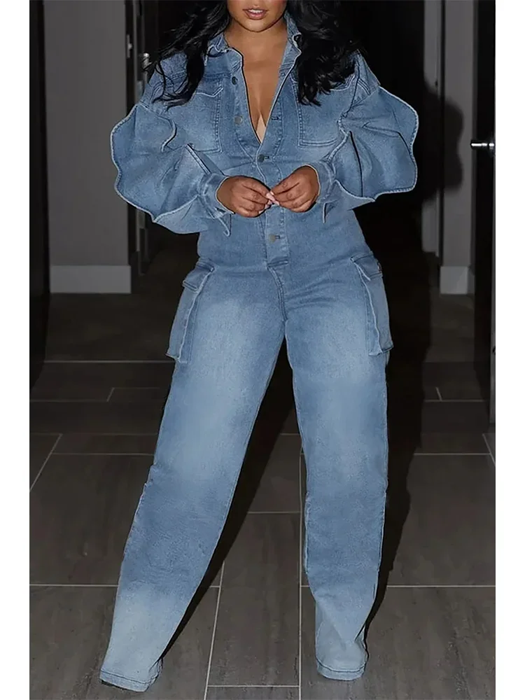 Fashion Women Jeans Jumpsuit Lantern Sleeve Turn Down Collar Retro Button Pockets Spring Streetwear Rompers Vintage Outfits 2024