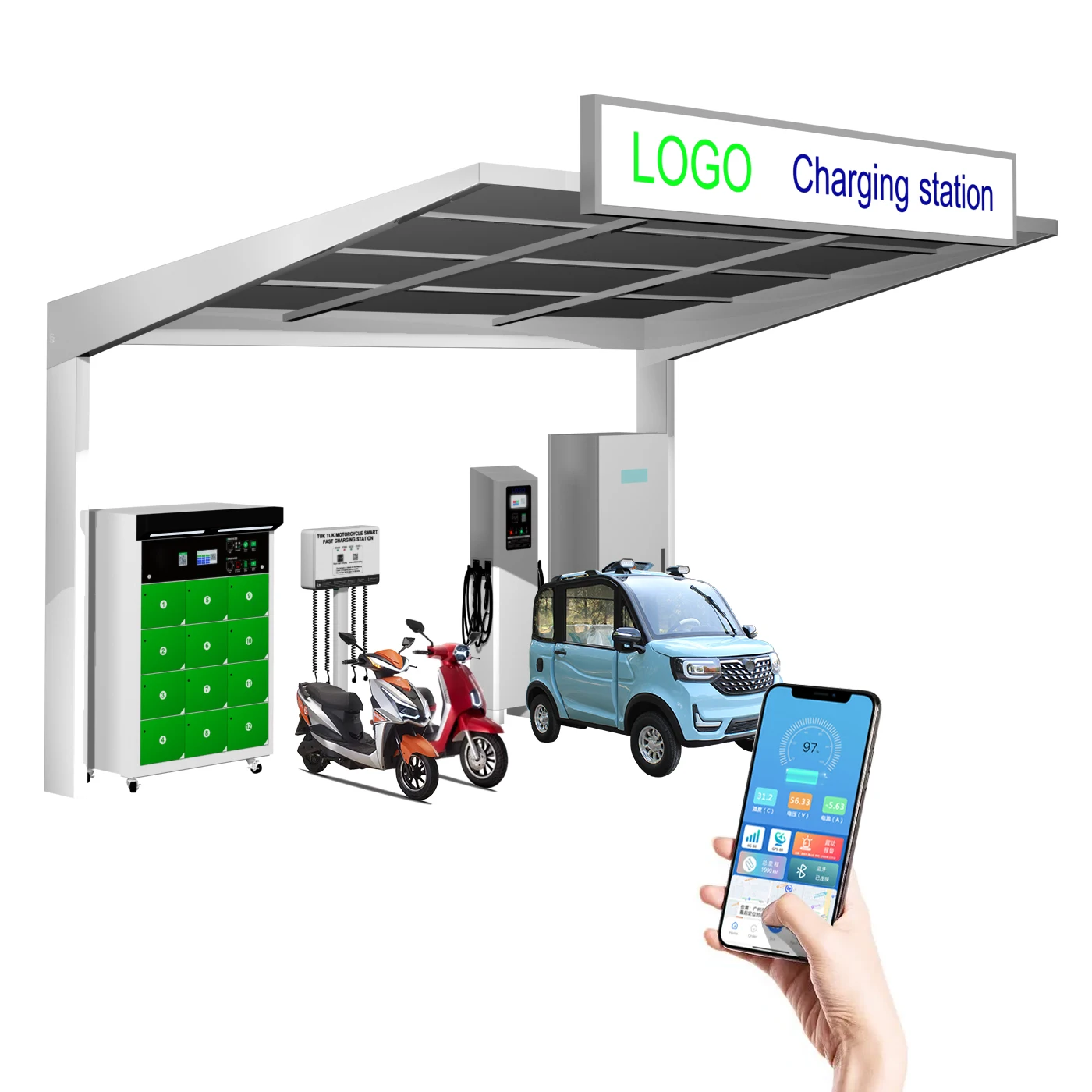 Tuk Tuk, Tricycle, Electric Motorcycle Fast Charging And Battery Swap Station Solar Power Generation And Energy Storage System