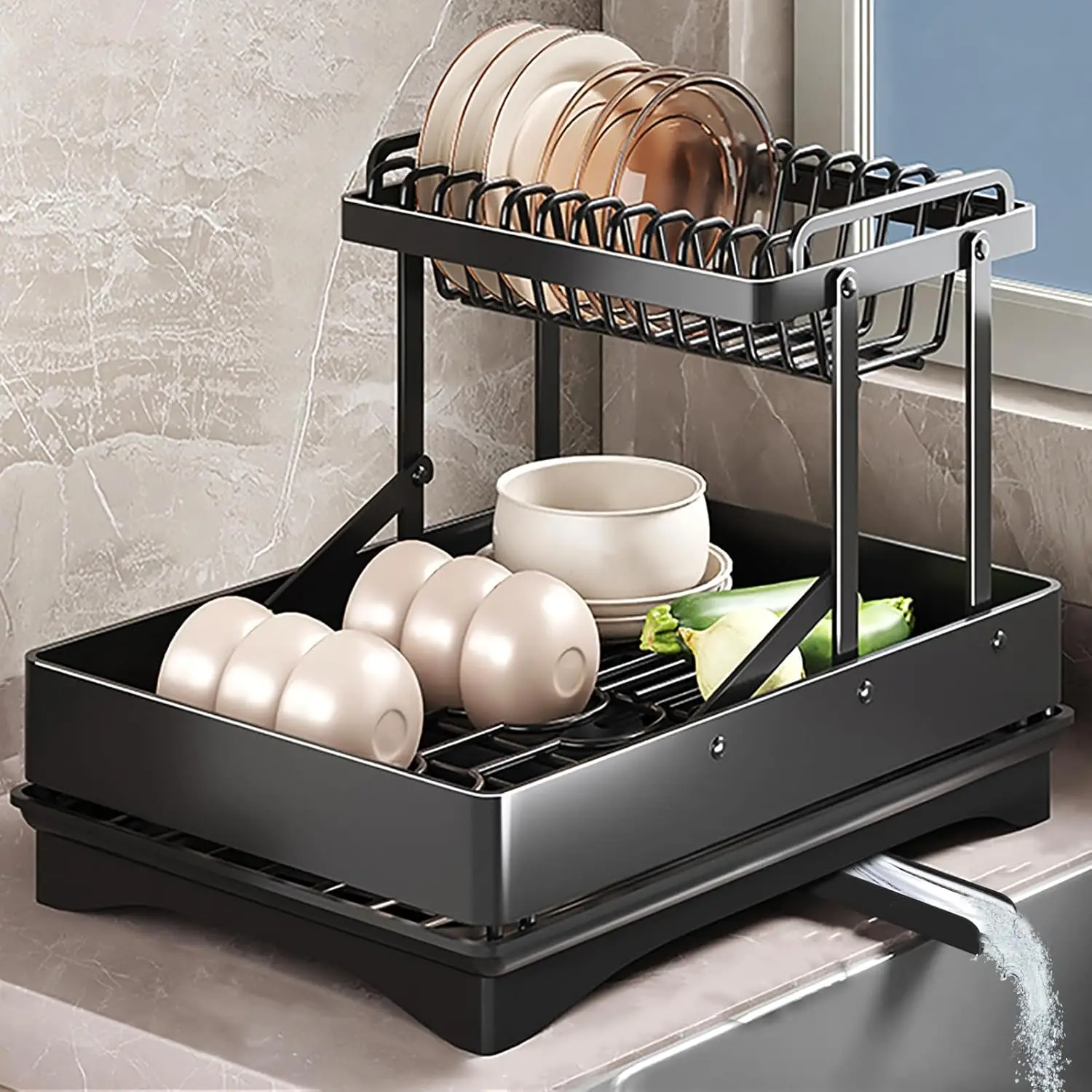 

Dish Rack for Kitchen Counter, 304 Stainless Steel 2 Tier Dish Drying Rack w Drainboard, Utensil Holder, 360° Rotatable & Expand