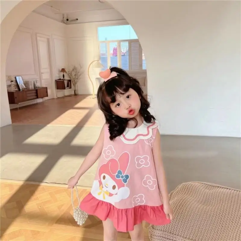 Sanrio Girls Summer Dress Children Skirt 2024 New Milk Silk Short Sleeve Princess Dress My Melody Hello Kitty Girls Holiday Gift