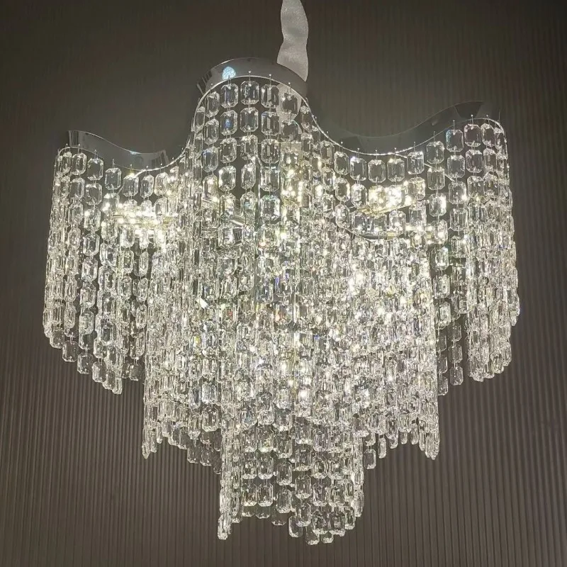 French light luxury K9 crystal villa chandelier, living room atmospheric wave shape multi-layer pendant bedroom and dining room