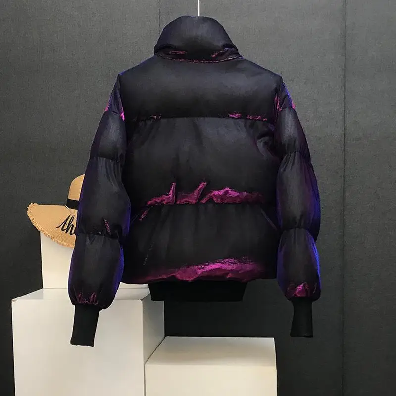 Mens Jacket Harajuku Streetwear Liquid Metal Puffer Coat Thick Warm Loose Fit Stand Collar Winter Padded Casual Fashion Trend