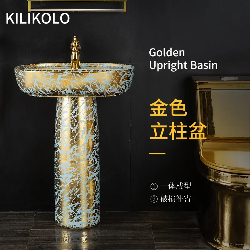 

European light luxury gold column basin hotel integrated floor-to-ceiling washbasin household balcony bathroom washbasin