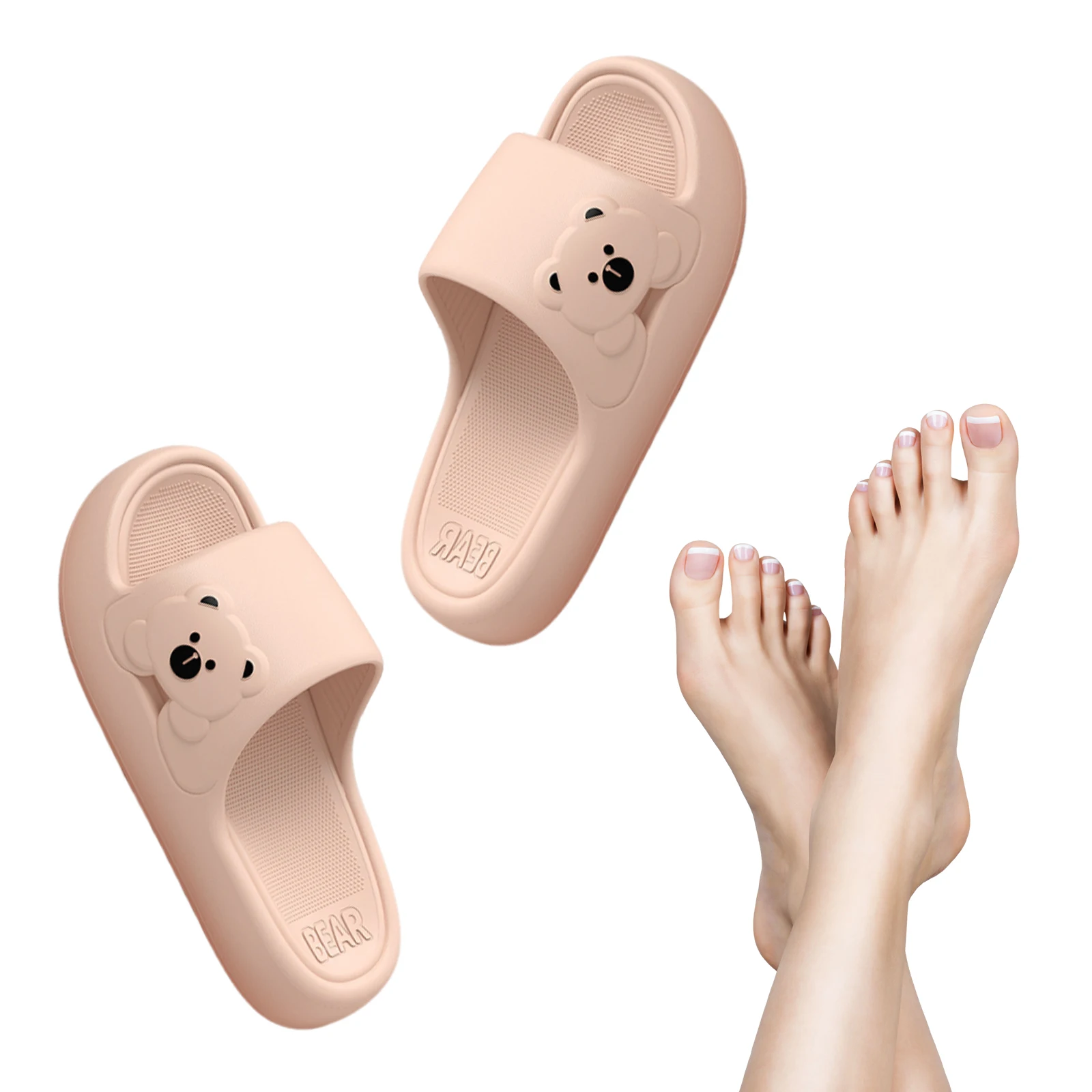 Soft Flat Sandals Breathable Cute Bear House Slippers Non-Slip Open Toe Slides Shoes Stylish Platform Home Shoes for Women & Men