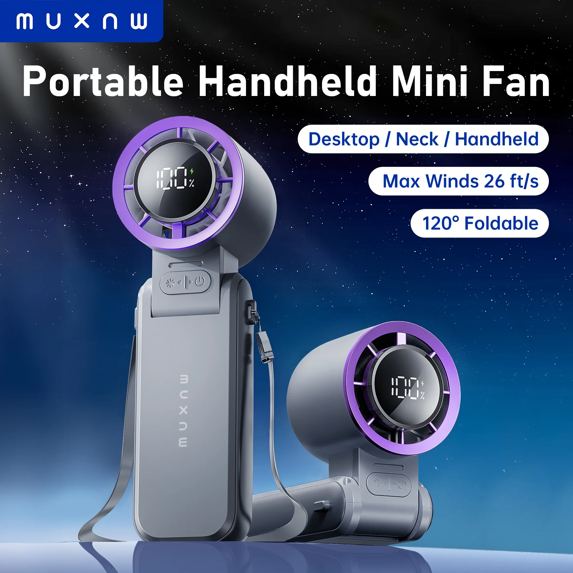 

MUXNW Portable Handheld Mini Fan: 3 IN 1, 100-Speed Turbo, Foldable, LED Display, 3600mAh Rechargeable-Cooling Travel/Summer
